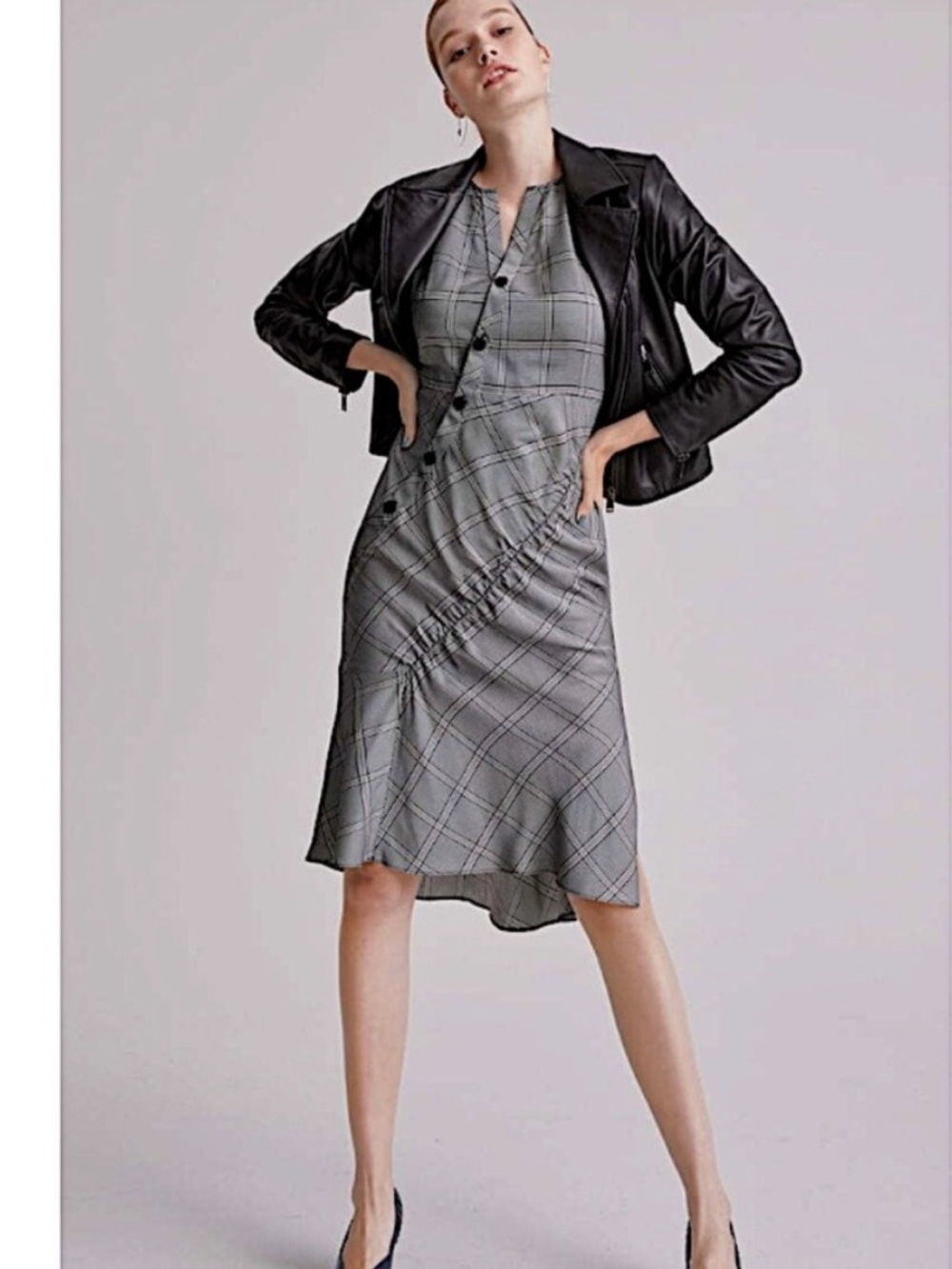 Lewit Gray Plaid Button-Front Midi Dress